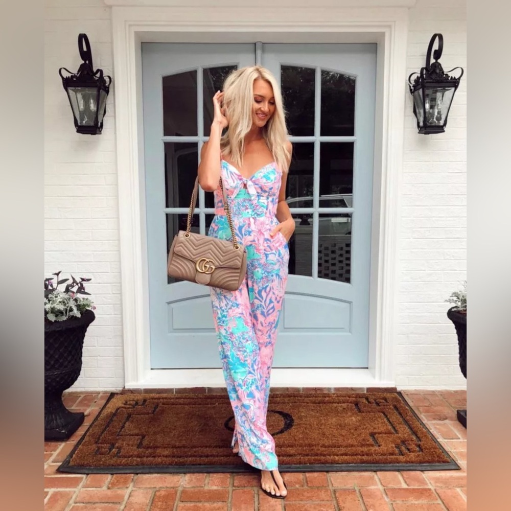 Lilly Pulitzer Bente Jumpsuit Maxi Blue Peri Viva La Lilly Pink, Size 14